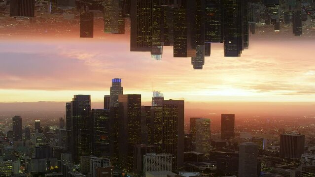 Aerial Futuristic Vision of Downtown Los Angeles at Sunset. Abstract Surreal City Skyline. Mirror Effect. California, United States. Blurred Logos and Brands.