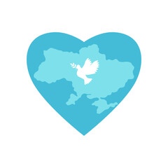 Map of Ukraine inside the heart. Peace dove in the center of the illustration. A symbol of peace