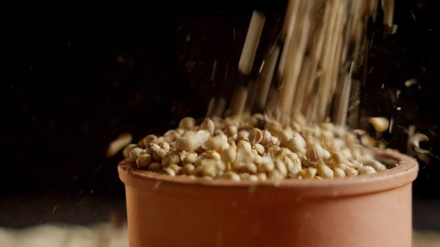 grinded coriander falling in a red clay dish with black background  (4k - 50% slow motion)[ high quality colors, shoot on 10 bit]