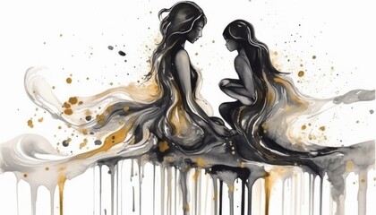 Mother and child silhouettes made with ink. Mother's Day. Generative Ai