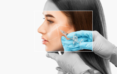 The cosmetologist makes injections of the cheekbones of a beautiful woman. Women's cosmetology in a...