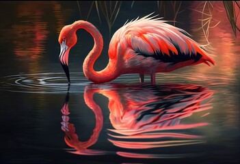Fototapeta premium Flamingo is a beautiful bird flamingos on the lake illustration. Ai genrative.