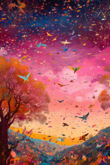 Abstract watercolor background with birds and tree