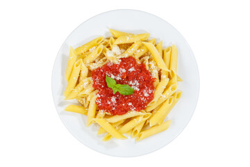Penne Rigatoni Rigate isolated on a white background pasta top view meal from Italy lunch with tomato sauce on a plate