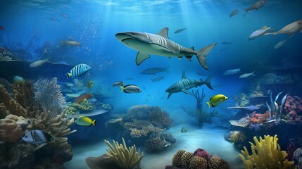 Fototapeta premium Underwater view off fishes sharks corals colourful, Wallpapers, colourful, beautiful underwater world, high definition