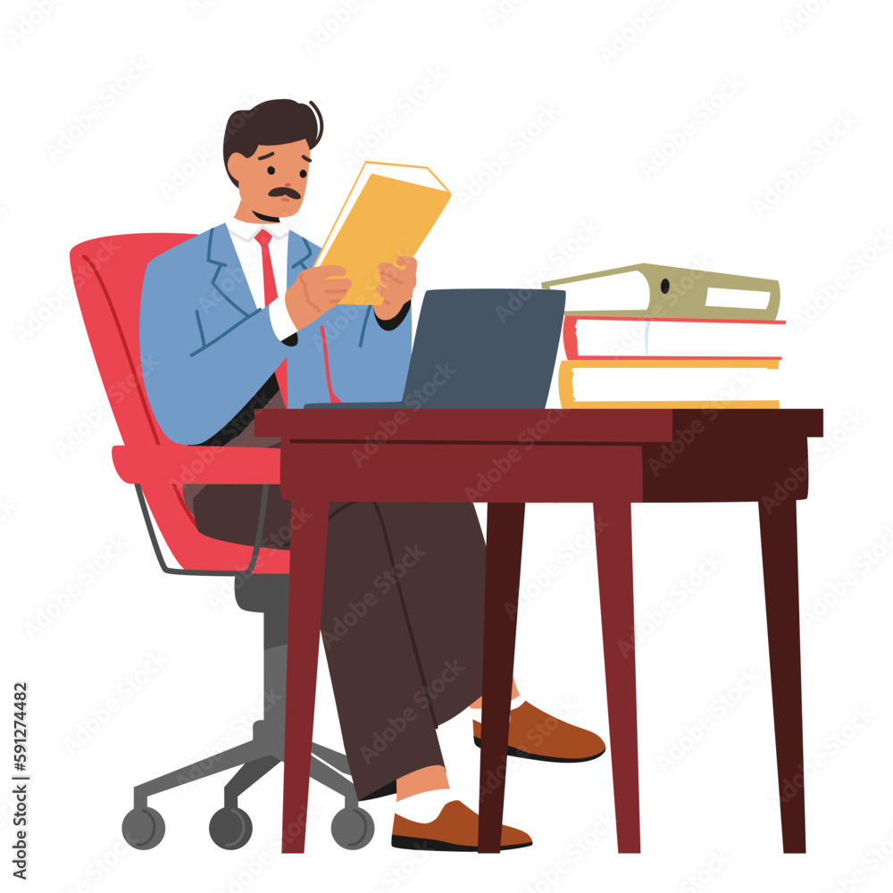 Poster busy man character seated at an office desk surrounded by papers, using a computer. daily routine of