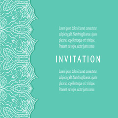 Invitation or Card template with lacе frame border, doodle line pattern, mandala element. Decorative openwork filigree art background for Wedding, Valentine's day greeting card, Birthday Invitation