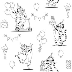 Cartoon Birthday tigers seamless pattern. Black and white outline cute wild cat print for kids decoration design. Coloring page wrapping paper textile fabric repeat tile. Creative vector illustration