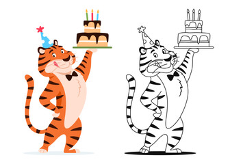 Coloring book. Funny cartoon tiger with Birthday cake on white background. Cute animal character for kids preschool activity. Black and white outline worksheet design Coloring page vector illustration