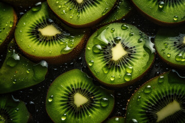 Fresh kiwi slices with water drops on a black background, Generative AI
