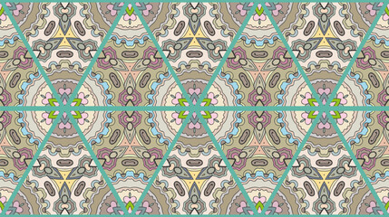 Colorful seamless triangle patchwork pattern. Abstract hand drawn art, stylized floral doodle ornament. Tribal ethnic arabic, indian decor. Vector collage quilt pattern. Textile fabric paper print