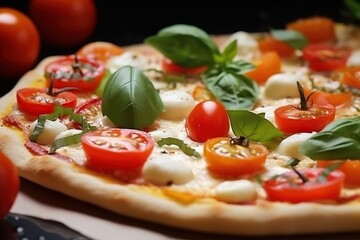 Leckere vegetarische Pizza mit Kirschtomaten, Mozzarella und frischem Oregano. Nahaufnahme