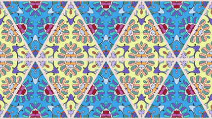 Colorful seamless triangle patchwork pattern. Abstract hand drawn art, stylized floral doodle ornament. Tribal ethnic arabic, indian decor. Vector collage quilt pattern. Textile fabric paper print