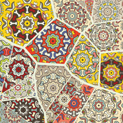Vector patchwork quilt pattern. Vintage decorative collage. Hand drawn background. Indian, Arabic, Turkish motifs for printing on fabric or paper. Abstract colorful doodle pattern in mosaic style