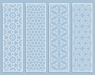 Decorative geometric line borders with repeating texture. Tribal ethnic arabic, indian, turkish ornament, bookmarks templates set. Isolated design elements. Stylized lace patterns collection