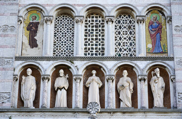 Statues of Saints on the facade of the church of Our Lady of the Sea in the Croatian city of Pula on the Istrian peninsula