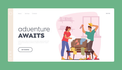 Travel Mood Landing Page Template. Couple Packing A Suitcase Together, Deciding On What To Bring For Their Upcoming Trip