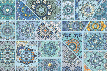 Vector patchwork quilt pattern. Vintage decorative collage. Hand drawn background. Indian, Arabic, Turkish motifs for printing on fabric or paper. Abstract colorful doodle pattern in mosaic style