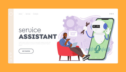 Service Assistant Landing Page Template. Male Customer Character Use Chatbot Service For Instant Support And Solutions - obrazy, fototapety, plakaty