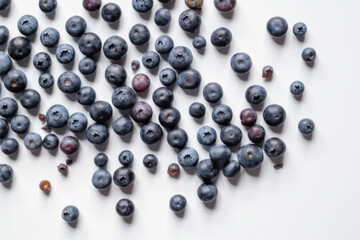 Blueberry, Top down view of blueberries on a white background, generative ai, Fresh tasty fruit