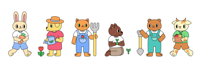 Set farm animals. Trendy retro cartoon style.