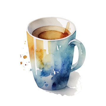 Coffee Cup Watercolor Clip Art: A Stunning Graphic Design Masterpiece for Web and Digital Art with Alpha Channels and Generative AI