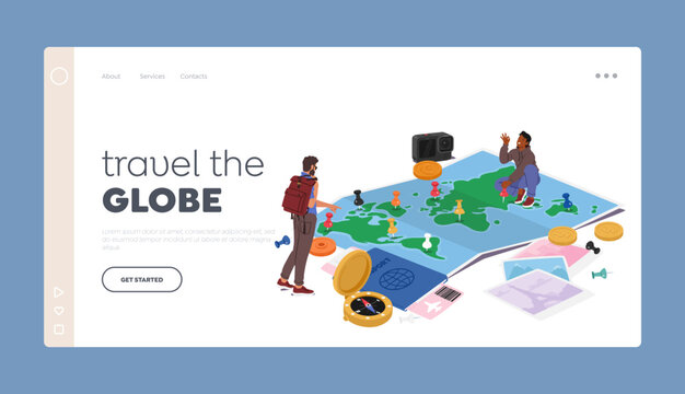 Travel around the World Landing Page Template. Group Of People Gather Around Huge World Map, Pointing Out Locations