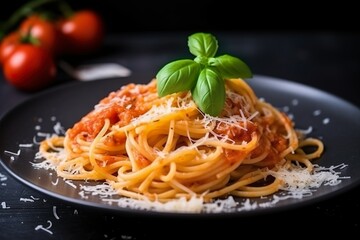 Köstliche, appetitliche, klassische Spaghetti-Nudeln mit Tomatensauce und Parmesan - obrazy, fototapety, plakaty