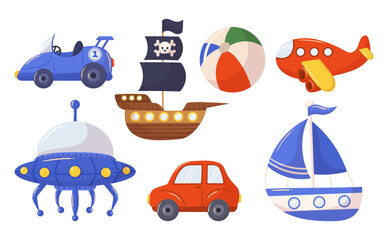 Collection Of Boy Toys Includes Race Car, Pirate Ship, Ufo Saucer, Airplane, Ball and Sailing Ship Isolated Icons
