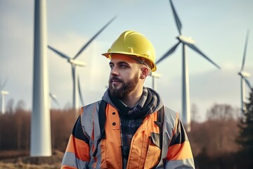 Wind turbine service engineer maintenance and plan for inspection at construction site, renewable electricity generator, A man in a hardhat and a reflective vest next to a wind farm. ai generated.