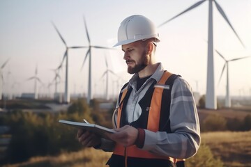 Wind turbine service engineer maintenance and plan for inspection at construction site, renewable electricity generator, A man in a hardhat and a reflective vest next to a wind farm. ai generated.