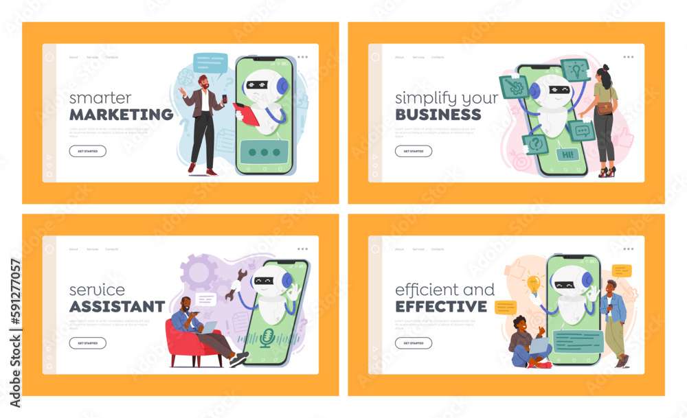 Poster characters use chatbot landing page template set. smart customer service, scheduling appointments, o