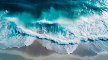 Aerial view of an ocean shore with blue waves, and aquamarine. Generative AI.
