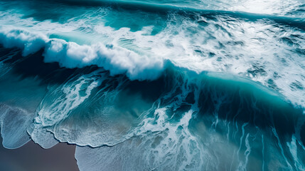 Aerial view of an ocean shore with blue waves, and aquamarine. Generative AI.
