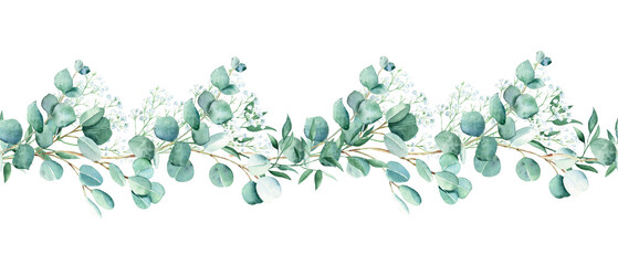 Horizontal watercolor floral seamless border pattern. Eucalyptus, gypsophila and pistachio branches. Hand drawn botanical illustration. Can be used for fabric, packaging prints, frames, adhesive tape