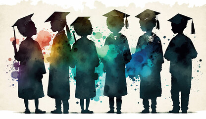 Group of little kids celebrating graduation day in watercolor