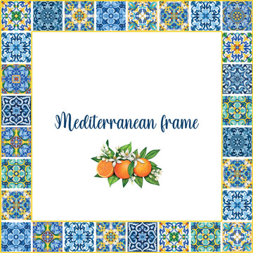Watercolor mediterranean traditional tiles freame