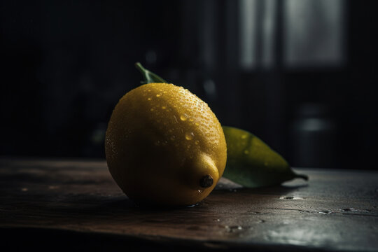 Lemon, Moody Image of a fresh lemon, water droplets, generative ai, Fresh tasty fruit