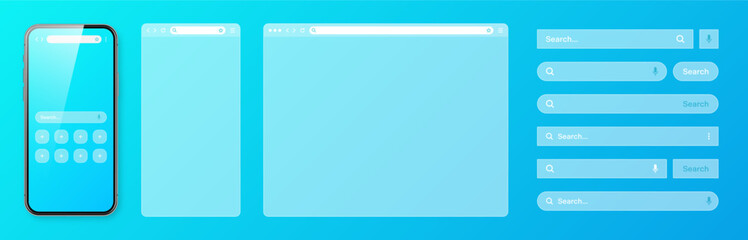 Obraz premium Smartphone, transparent internet browser window with various search bar templates. Web site engine with search box, address bar and text field. Website UI interface elements. Vector illustration