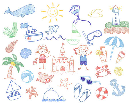 Set of summer beach elements in hand drawn doodle style. Hand drawn doodle summer elements. Summer beach hand drawn cartoon doodles.
