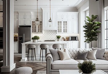 Fototapeta na wymiar Luxurious white kitchen and living room in a big house. Generative AI