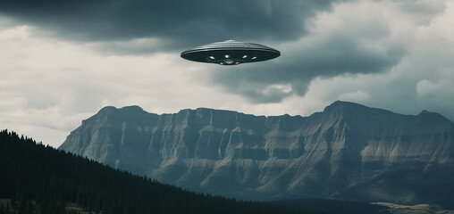 Fototapeta na wymiar UFO/UAP flying over the rocky mountains in a rainstorm