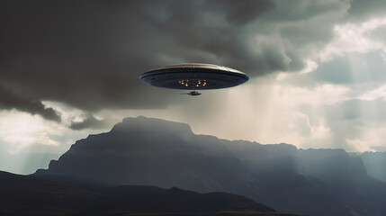Obraz na płótnie Canvas UFO/UAP flying over the rocky mountains in a rainstorm