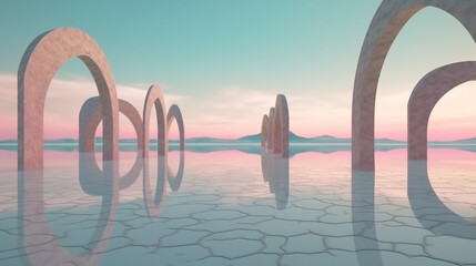 Fototapeta premium 3d surreal and odd, abstract Bonneville Salt Flats background. with geometric mirror arches, calm water and a pastel gradient sky. futuristic minimalist