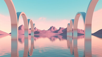 Obraz na płótnie Canvas 3d surreal and odd, abstract Bonneville Salt Flats background. with geometric mirror arches, calm water and a pastel gradient sky. futuristic minimalist
