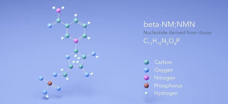 beta-nm molecule, molecular structures, nicotinamide mononucleotide, 3d model, Structural Chemical Formula and Atoms with Color Coding