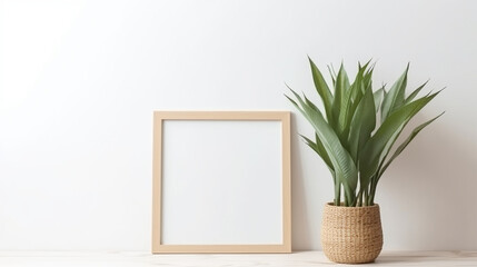 Empty square frame mockup in a modern minimalist interior with a plant in a vase with a white wall background, template for artwork, painting, photo or poster 