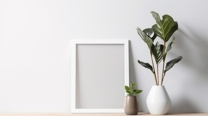 Empty square frame mockup in a modern minimalist interior with a plant in a vase with a white wall background, template for artwork, painting, photo or poster 