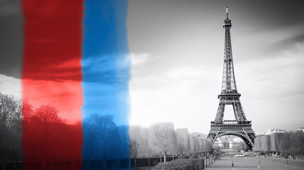 Eifel Tower and French flag colors, double exposure
