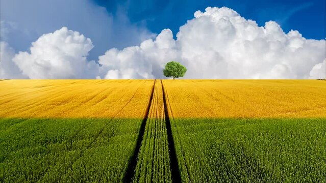 Scenic countryside landscape with single green tree standing in yellow wheat field under blue sky with fluffy white clouds, slow camera panning shot, agriculture farming and growth concept,